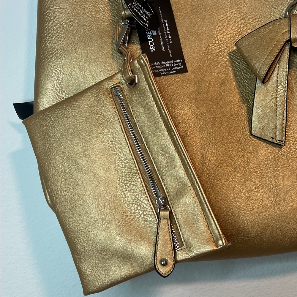 K. Carroll Chic Gold & Brown Reversible Tote Bag Bow & Pouch RFID NWT - Picture 4 of 7